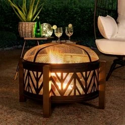 Buy 🌟 Sunjoy 31 Inch Round Chevron Wood-Burning Fire Pit ⭐ -Fire Pits & Tables Online Shop detailSUNR1142