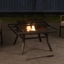Best Sale 😍 Sunjoy Darius Square Fire Pit With Adjustable Cooktop Grill 👍 -Fire Pits & Tables Online Shop detailSUNR1216 1