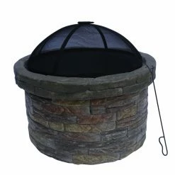 New ๐ Round Peaktop Stone 26.6 Diam. Wood Burning Fire Pit With Cover โจ