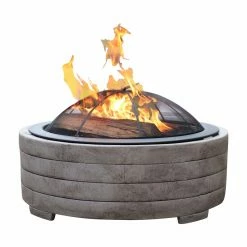 Outlet ๐ Round Sunnydaze Decor Stacked Faux Stone 35.75 Diam. Fire Pit With Spark Screen ๐