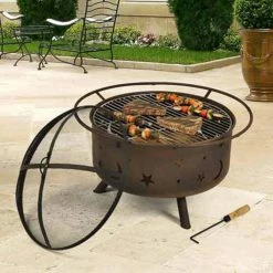 Hot Sale 🧨 Round Sunnydaze Decor Cosmic Fire Pit With Cooking Grill And Spark Screen 👍