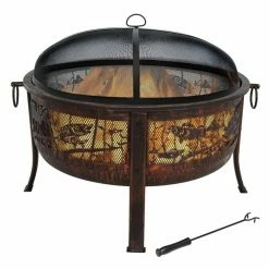 Discount 👏 Round Sunnydaze Decor Northwoods Fishing 30 Diam. Fire Pit With Spark Screen 🌟