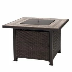 Deals 🔥 Sunjoy 38 Inch Outdoor Patio Brown Square All-Weather Wicker Ceramic Tile Top Propane Burning Fire Pit Table With Lid And Lava Rocks 🎉